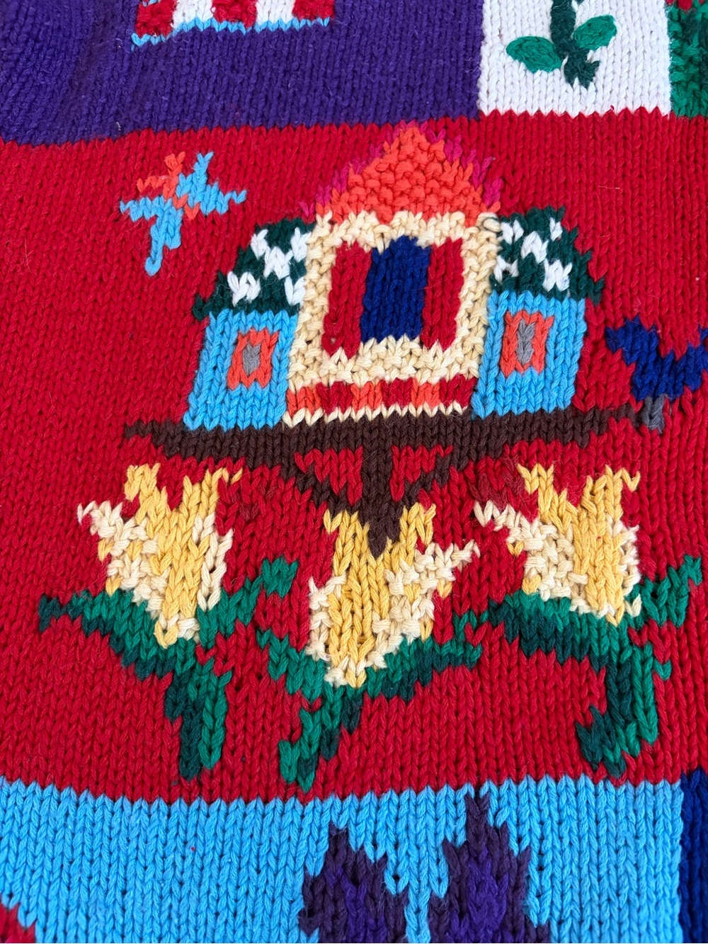 Vtg Karen Scott Hand Knit Sweater Spring Cardinal Bird Flowers Birdhouse Sz L - Picture 10 of 12